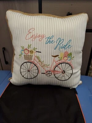 Embroidered Throw Pillow Floral Bicycle Enjoy The Ride 16" Square, EUC!  - Image 1 of 4