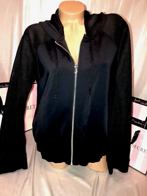 Victoria Secret Sport Jacket Hooded Black W/ Net Sleeves Zip Up Medium $110 - Image 1 of 2