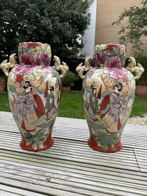 Pair Large Japanese Satsuma Hand Painted Vases Interior Design Pieces 16” Tall - Image 1 of 4