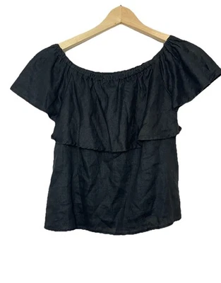 Blusa Top Saks Fifth Avenue Para Mujer XS Negra Lino Volantes Escote Elástico Foto 1 de 4