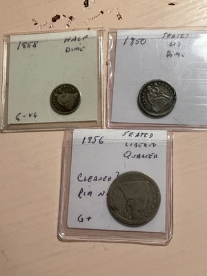 Lot of 3 Seated Liberty silver coins - 1858 Half Dime , 1850 Dime , 1856 Quarter - Image 1 of 3