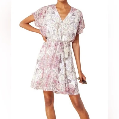 Mini Vestido Hale Bob Catena Georgette Rosa y Blanco Paisley Imitación Envolvente Talla XS Foto 1 de 4