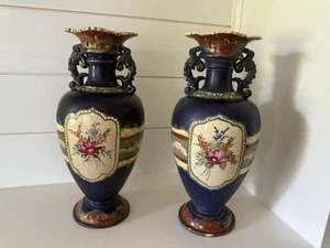 Pair Of Antique Floral Porcelain Vases - Picture 1 of 14