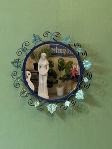 Vintage Mirror Shabby Chic Blue Green Metal Framed Flower Leaf Round Wall - Picture 1 of 6