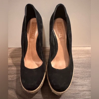 Sandalias de cuña alpargata de gamuza negra Schutz talla 7 punta cerrada tacón de paja Foto 1 de 4