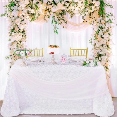 Rosette Tablecloth White Wedding Tablecloth 90x156 Inch Rectangle 3D Floral R... - Image 1 of 4