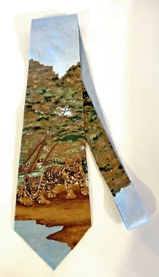Corbata de Colección Retro Divertida Especie en Peligro de Extinción Cachorros de Tigre 100% Seda Azul Marrón Verde Foto 1 de 4