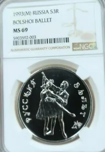 1993 (M) RUSSIA SILVER 3 ROUBLES S3R BOLSHOI BALLET NGC MS 69 SCARCE TOP POP - Picture 1 of 4