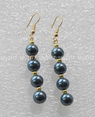 11 Colors 8/10/12mm South Sea Shell Pearl Round Beads Gold Hook Dangle Earrings - Image 1 of 4
