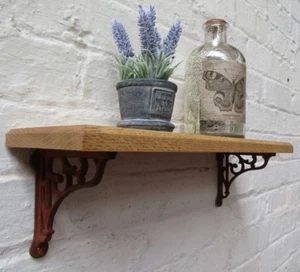 SOLID OAK WOOD HANDMADE SHELVES rustic wooden Shelf cast iron shelf brackets - Picture 1 of 7