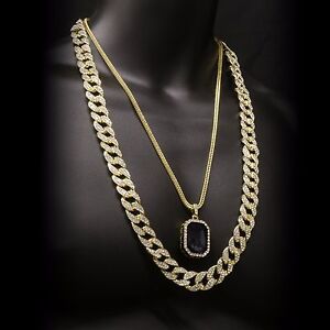 14k Gold Plated Hip Hop Fully Cubic Zirconia Cuban Chain w/ Black Stone Pendant