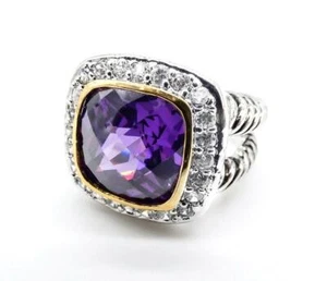 EXQUISITE 18kt Gold Plated Chunky Purple Amethyst Crystal Square Statement Ring - Picture 1 of 4