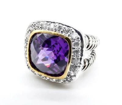 EXQUISITE 18kt Gold Plated Chunky Purple Amethyst Crystal Square Statement Ring - Image 1 of 4