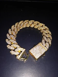 Men's Gold All Sides Fully Iced 5A Cubic Zirconia Thick 18mm Cuban Bracelet 8.5 - Picture 1 of 24