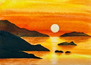 Aquarell Gemälde Meereslandschaft Sonnenuntergang Landschaft Natur ACEO Kunst - Bild 1 von 2