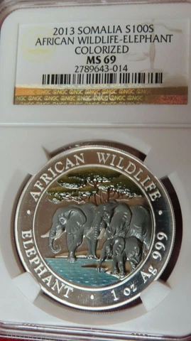 2013 Colorize Somalia 100 Shillings African Elephant .999 Silver Coin NGC PF69 Cover