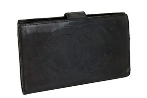 CHANEL CC Logo Black Leather Bifold Long Wallet Coin Purse France Used Vintage - Picture 1 of 12