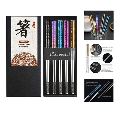 Laser Engraved Anti-Slip Multicolor Chopsticks Set - 5 Pairs, Reusable & Elegant - Image 1 of 4