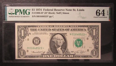 1974 $1 Federal Reserve Star Note St. Louis FR#1908-H* PMG 64 - Image 1 of 2