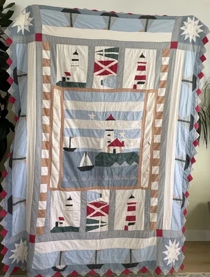 Nautical Lighthouse Quilt Patchwork 60x80 Hand Quilted Coastal Sailboat Theme - Image 1 of 4