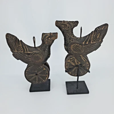 Pair of Antique Chicken Motif Handcarved Burmese / Burma Wooden Loom Pulleys 5" - Image 1 of 4