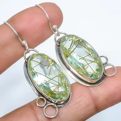 Golden Rutilated Quartz 925 Sterling Silver Earring 2.15" T48 - Image 1 of 4