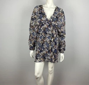Vestido Corto Plisado Globo Manga Larga Arrugado Floral Cuello en V Forrado Talla 14 de Asos - Imagen 1 de 15