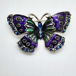 Broche Mariposa AAi Vintage Púrpura Verde Azul Esmalte y Estrás Tono Plateado - Imagen 1 de 6