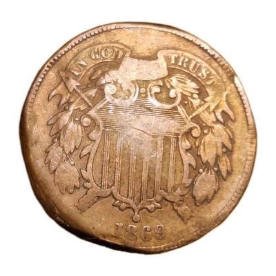Tougher Date 1869 US 2 Cent Piece ~VG Details Rim Damage Lower Mintage Coin! - Image 1 of 4