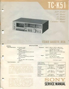 Sony TC-K51 Stereo Cassette Deck Service Manual - Picture 1 of 3