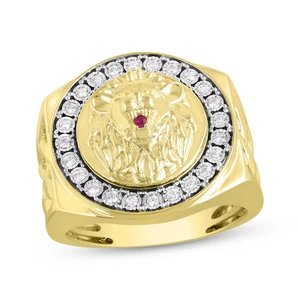 ENORME Anillo Cabeza de León y Diamantes Naturales y Rubí Para Hombre 1/2CT 10K Amarillo Talla REAL 10 - Imagen 1 de 23