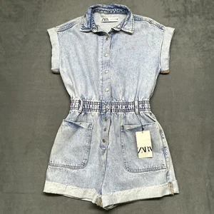 Zara Denim Playsuit Women's 6 Blue Classic Pockets Short Sleeve Collared Snap Up - Picture 1 of 11