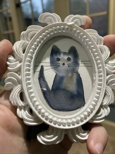 Gato gris, gatito, gatito, pintura sobre papel, enmarcado, lindo, divertido, miniatura, - Imagen 1 de 6