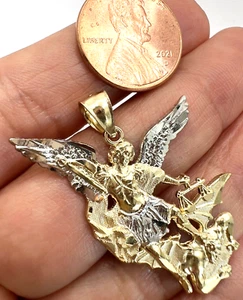 GOLd St Saint San Michael Miguel pendant 14k yellow White Necklace real 1.50” - Picture 1 of 12