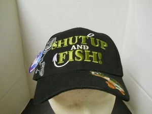Shut Up And Fish Large Mouth Bass Black Embroidered Baseball Hat Adjustable NEW - Picture 1 of 6