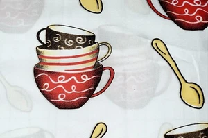 Double Border Cafe Coffee Tea Cups Spoons Fabric BTY Polka Dots Red Brown Yellow - Picture 1 of 8