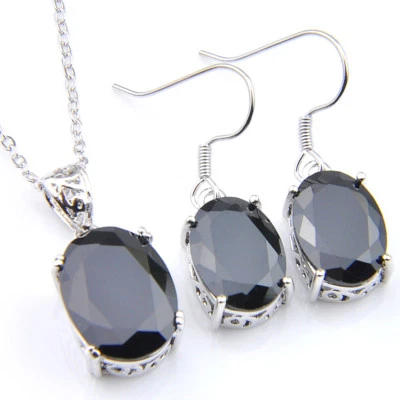 Woman Jewelry Set 2 Pcs 1 Lot Oval Cut Black Onyx Silver Hook Pendant Earrings - Image 1 of 4