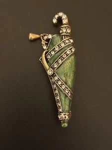 Crystal Rhinestone Green Enamel Umbrella Pin Brooch: Signed Heidi Daus - Picture 1 of 4