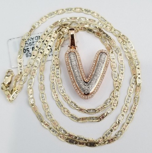 Ciondolo oro rosa lettera bolla iniziale V Bling diamante 22 pollici catena Valentino
