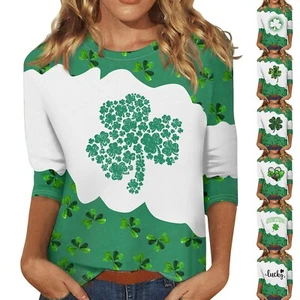 Women's Round Neck Print 3/4 Sleeve Ladies Summer Casual Tops Blouse T Shirt 12 - Picture 1 of 33