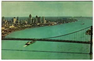 1964 Ambassador Bridge Detroit, Michigan & Windsor, Ontario ~Unposted Postcard~ - Picture 1 of 2