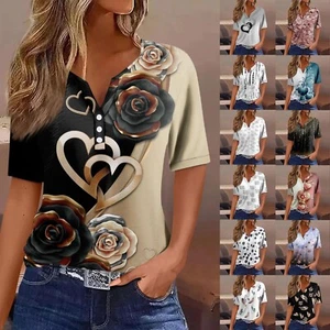 Women's T Shirt Tee Print Button Short Sleeve Daily Weekend Fashion Basic V- - Picture 1 of 45