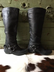 Black Knee High Boots Strappy Moto Style - Picture 1 of 7