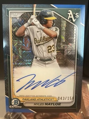 2024 Bowman Chrome Myles Naylor Blue Mojo Refractor On Card Auto 041/150 A’s - Image 1 of 2