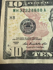 4 In a Row 8’s, 3 in a row 2’s $10 Ten Dollar Fancy Serial Number 32228888 - Picture 1 of 3