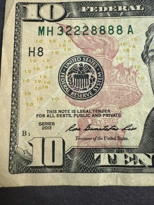 4 In a Row 8’s, 3 in a row 2’s $10 Ten Dollar Fancy Serial Number 32228888 - Image 1 of 3