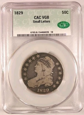 Pop 1 de 1, solo graduado CACG EN MUY BUENA CONDICIÓN 8 letras pequeñas, medio dólar busto tapado 1829 Foto 1 de 4