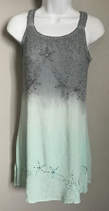 Raya Sun Short Dress Womens Small Blue Ombre Embroidered Sleeveless Rhinestones - Picture 1 of 10