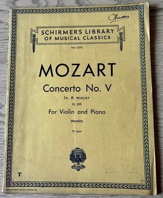 MOZART CONCERTO NO. V K 219 FOR VIOLIN & PIANO SHEET MUSIC BOOK 1939 FRANKO USA - Image 1 of 4