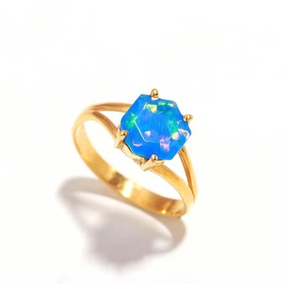 Natural Ethiopian Opal Hexagon Ring Solid Silver Gold Plated Delicate Jewelry - Image 1 of 4